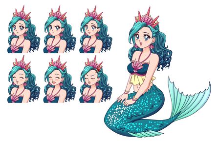 Illustration of anime mermaid and her expressions set. Cyan fish tail, cyan hair and cute big blue eyes. Hand drawn vector illustration.のイラスト素材