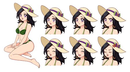 Set of anime expressions. Hand drawn cute girl with black hair and wearing green swimsuit and summer hat. Can be used for avatar, game, poster, novel, card, sticker, shirt design.のイラスト素材