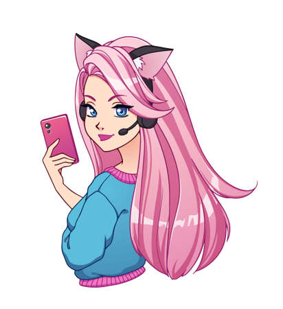 Pretty cartoon blogger girl with long pink hair taking selfie and wearing cat ears headphones and blue shirt. Hand drawn vector illustration isolated on white.のイラスト素材