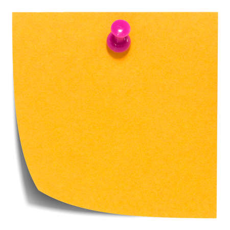 Orange square sticky note, with pink pin, isolated on white and with shadow