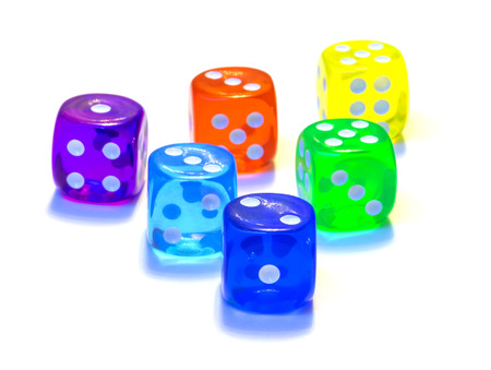 Six dices, number one, two, three, four, five, six, isolated on white background