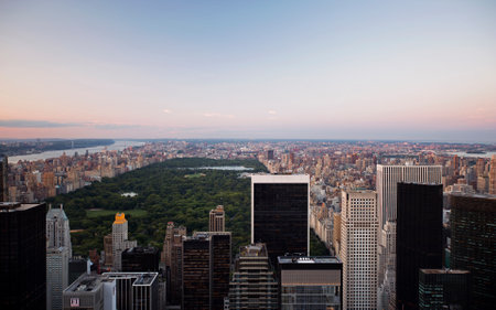 New York City Manhattan skyline panorama with skyscrapers at sunset.の写真素材