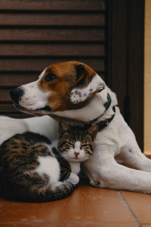 Jack russell terrier and cat lying on the floor.の写真素材