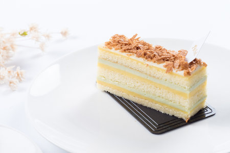 Cream cake on white background. Selective focus and shallow depth of field.の写真素材