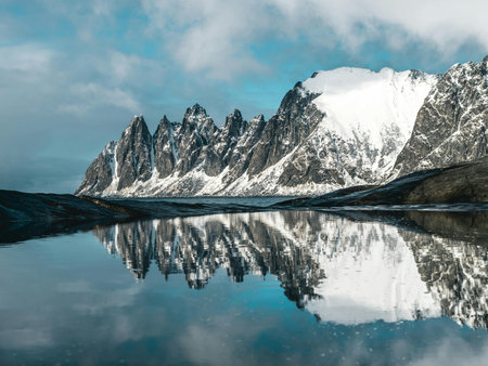 reflection of mountains and clouds in the water, Patagoniaの写真素材