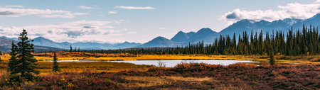 Panoramic view of Lake Tekapo in autumn, New Zealandの写真素材