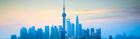 Shanghai skyline at sunset,panoramic view,China.の写真素材