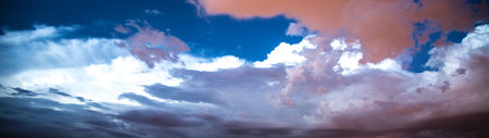 Sky panorama with clouds at sunset. Panoramic image.