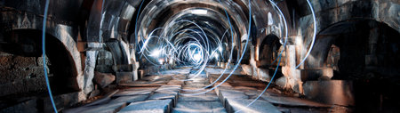 Futuristic dark tunnel with glowing lights. 3D Renderingの写真素材