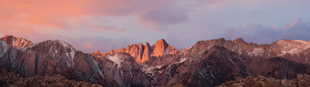 Panoramic view of the mountains at sunset.の写真素材