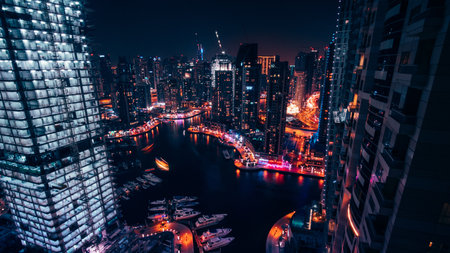 Dubai Marina at night, United Arab Emiratesの写真素材