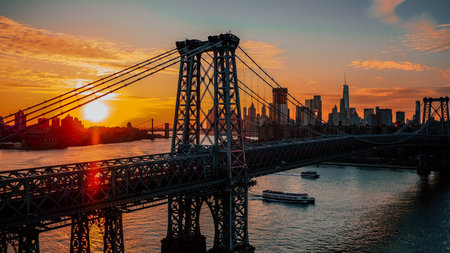 Manhattan Bridge and Manhattan skyline at sunset, New York City, USA