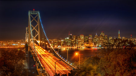 Panoramic view of the famous San Francisco Bay Bridge at night.