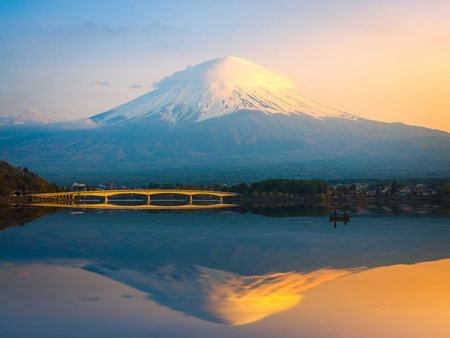 Mt Fuji with bridge at Kawaguchiko lake in Japanの写真素材