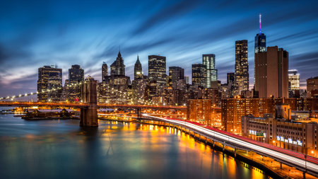 Manhattan Skyline and Brooklyn Bridge at dusk, New York City.の写真素材
