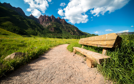 Wooden bench on the trail in the mountains. Summer landscape.の写真素材