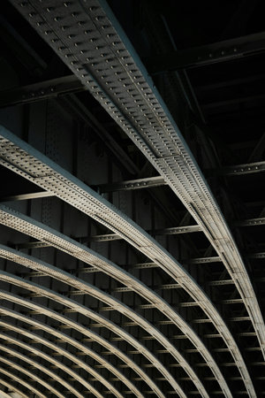 Steel structure of a bridge, close-up, horizontal photo.の写真素材