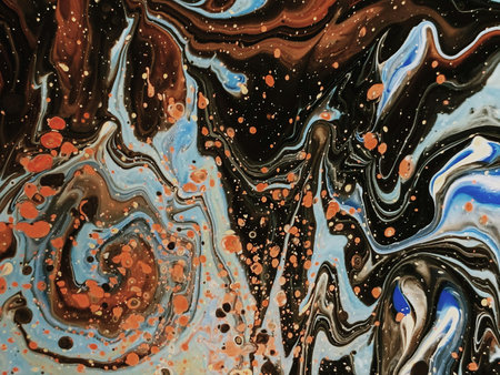 Marbled blue and golden abstract background. Liquid marble ink pattern.の写真素材