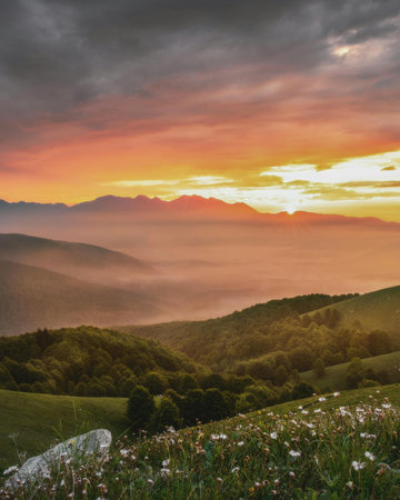 Sunset in the Carpathian mountains. Ukraine, Europe.