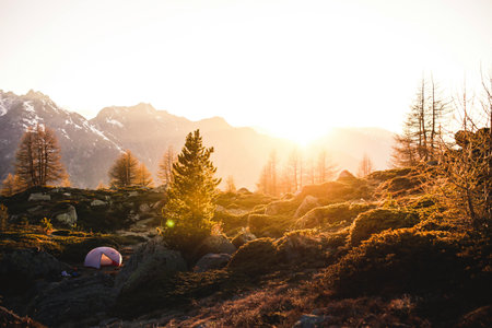 Camping in the mountains at sunset. Tatra National Park, Poland.の写真素材