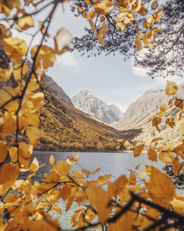 Beautiful autumn landscape with mountain lake and yellow leaves. Lake in the mountainsの写真素材