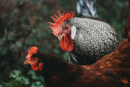 Rooster and hen on the farm. Selective focus. Shallow depth of fieldの写真素材