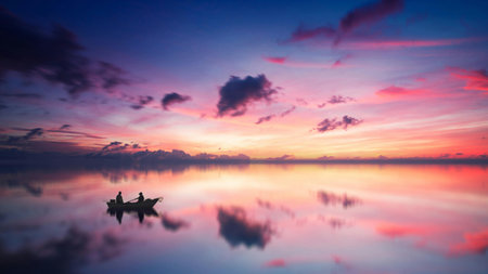 Silhouette of a boat on the lake at sunset, Thailandの写真素材