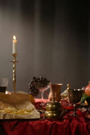 Table with food and wine in a restaurant. Selective focus.の写真素材