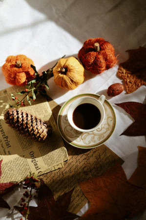 Cup of coffee with autumn leaves and pumpkins on the bedの写真素材