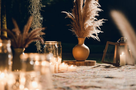 Decorated table for a wedding dinner in the forest at night
