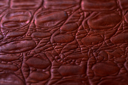 Red leather texture background. Close-up image of a crocodile skin.の写真素材