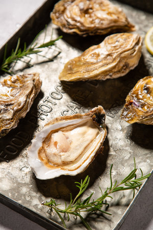 Oysters with lemon and rosemary on a metal tray.の写真素材