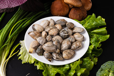 Fresh clams on a plate with vegetables on a dark background.の写真素材
