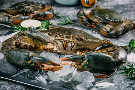Raw blue crab on ice with rosemary and lemon. Seafoodの写真素材