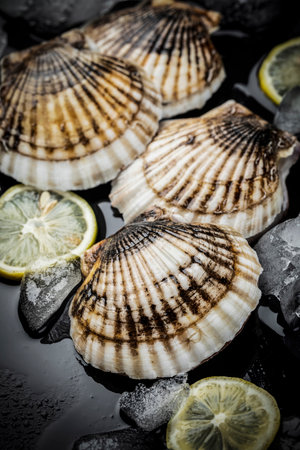 Fresh scallops with lemon on black background. Toned.の写真素材