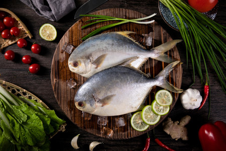Fresh fish with vegetables and herbs on wooden background. Top view.
