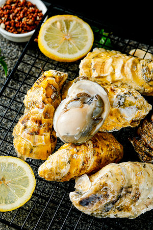 fresh oysters with lemon on a black background. tinting. selective focus