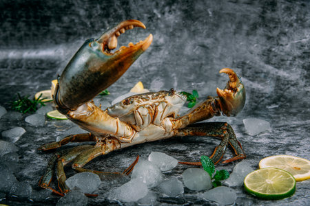 Fresh raw blue crab with ice cubes and lemon on black stone backgroundの写真素材