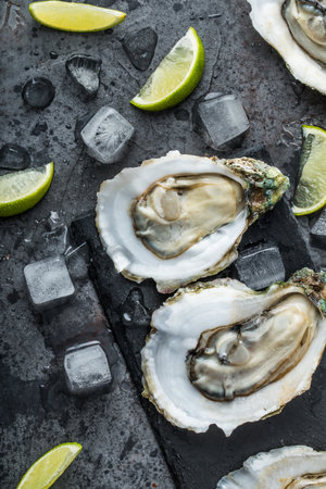 Fresh oysters with ice on black stone background. Top view.の写真素材