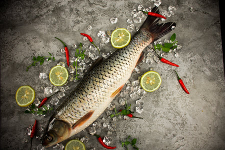 Fresh fish with lemon, herbs and ice on a gray background. Toned.の写真素材
