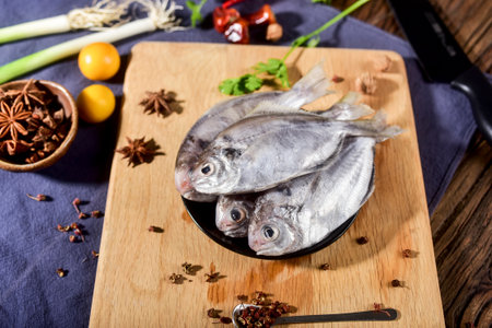 Fresh fish on a cutting board with herbs, spices and vegetables.の写真素材