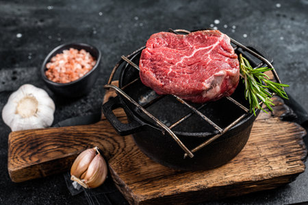Raw fillet mignon beef steak on a grill with herbs. Black background. Top view.の写真素材