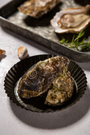 Fresh oysters on a black plate with rosemary, selective focus