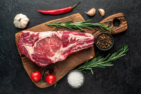 Raw ribeye steak with rosemary, garlic and pepper as top view on a cutting boardの写真素材