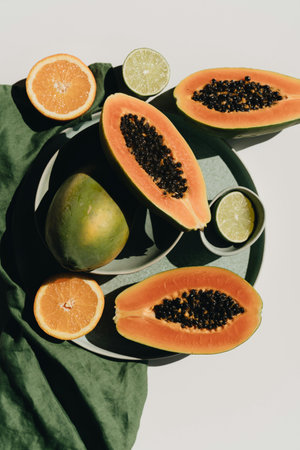 Papaya and lime on a white background, top view.の写真素材