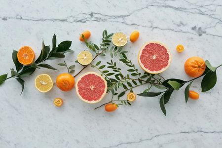 Citrus fruits and leaves on white marble background, flat layの写真素材