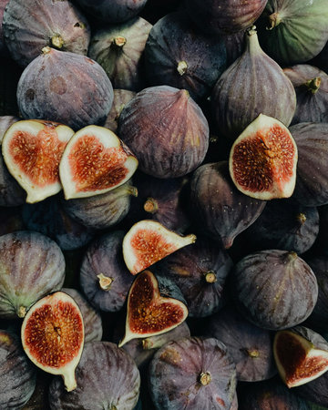 Fresh figs on a wooden background. Top view. Flat lay.の写真素材