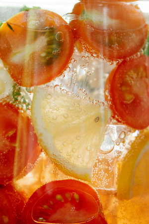 Iced lemonade with lemon and tomatoes in a glass with waterの写真素材
