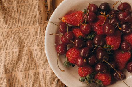 Cherries and strawberries in a bowl on a newspaper background.の写真素材