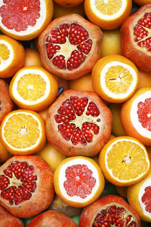 Orange and pomegranate fruit background, top view, close upの写真素材